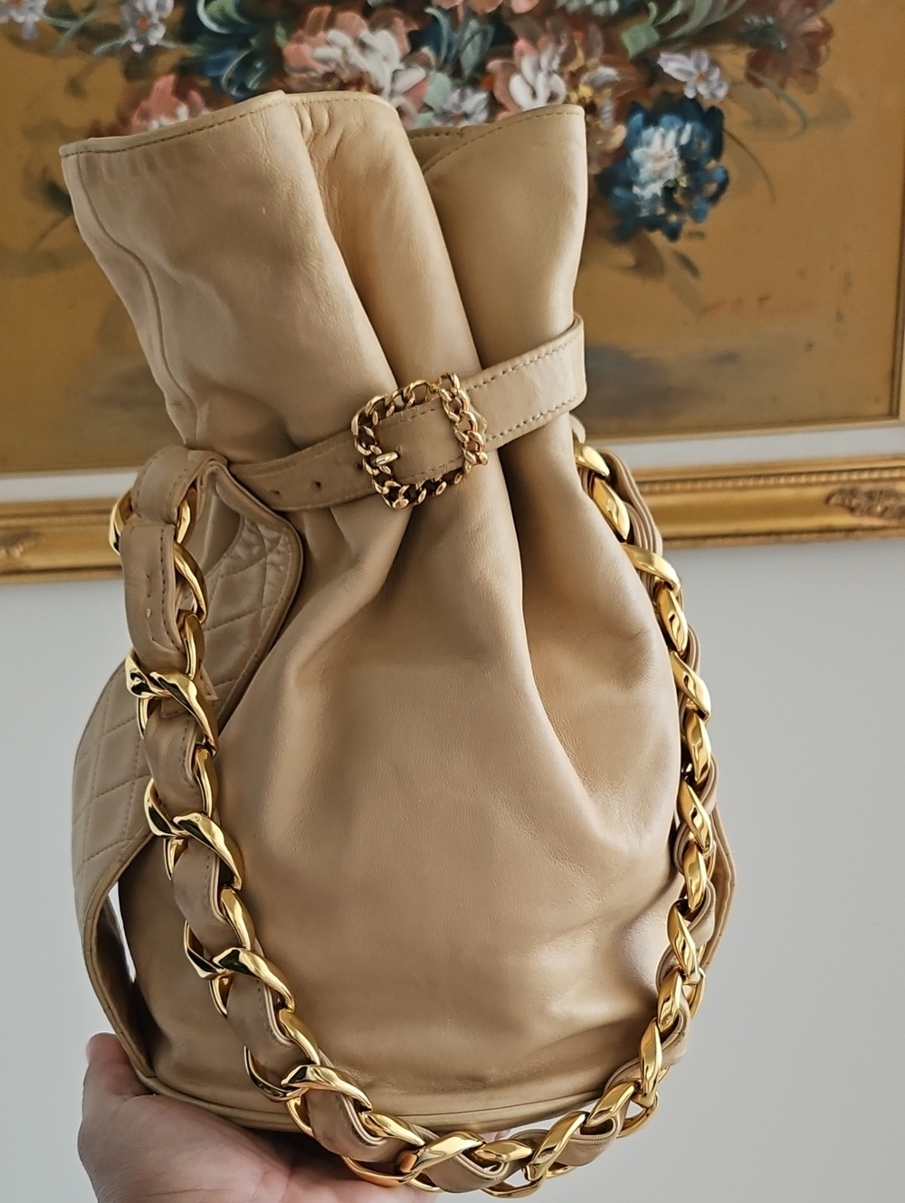 CHANEL Beige Leather Hobo with Chunky Gold Chain